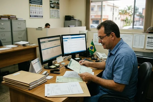 Despachante em Bauru revisando documentos para licenciamento de veículos.